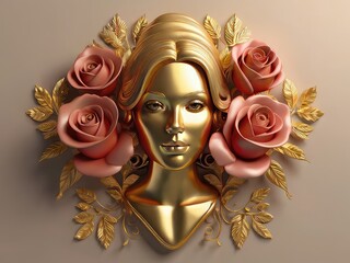 Wall Mural - 3d Illustration for wall,golden buddha statue,golden buddha face with background,portrait of a woman with a bouquet of roses,golden ornament on a wall	