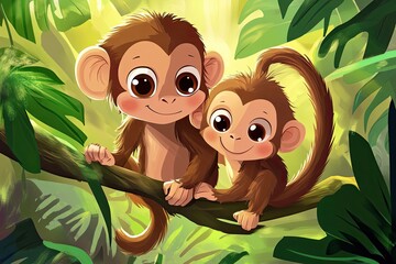 Wall Mural - Cute cartoon monkey and baby characters jungle animals, cartoon vector illustration for children (230).jpeg, Cute cartoon monkey and baby charact