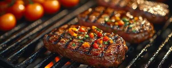 Canvas Print - Grilled Steak with Peppers and Herbs on a Charcoal Grill - Photo