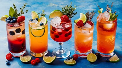 Cocktails drinks. Classic alcoholic long drink or mocktail highballs with berries, lime, herbs and ice on blue background