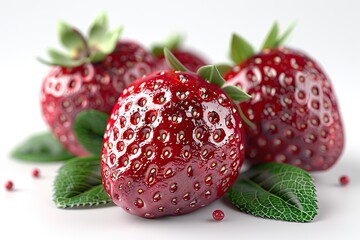 Wall Mural - Close-Up of Three Shiny Strawberries on a White Background