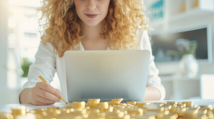 A woman is sitting at a table with a laptop and a pen