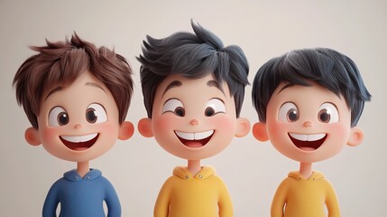 3D cartoon, happy smiling children's faces of three boys with brown hair and blue eyes in yellow T-shirts on a white background