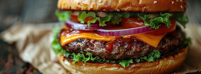 Canvas Print - Juicy Cheeseburger with Lettuce, Tomato and Onion