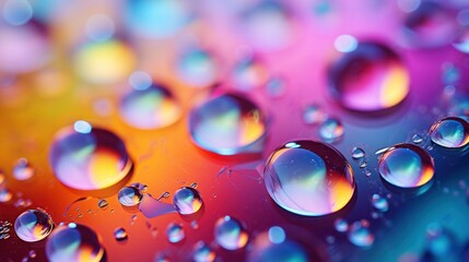 A vibrant macro abstract composition of glistening white water droplets, their spherical forms refracting and dispersing light into a spectrum of rainbow colors.