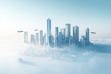 Modern Cityscape Emerges from Foggy Landscape with Flying Jets