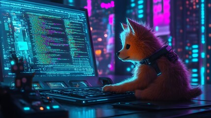Wall Mural - pup programmer coding on sleek ultramodern computer system with holographic interface in neon lit ci