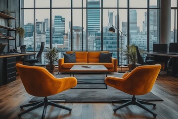 Poster - contemporary office interior sleek openplan space with polished concrete floors floortoceiling windows minimalist furniture and abundant natural light