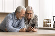 © fizkes - Cheerful mature wife and husband reading message on mobile phone, using new application, shopping on internet, scroll news feed, watch funny videos, spend time together in kitchen with modern gadget