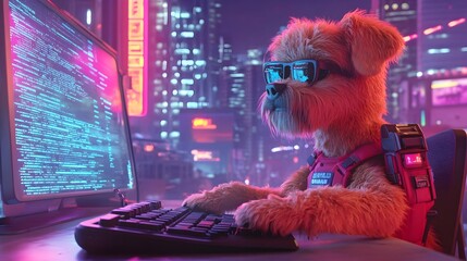 Wall Mural - quirky pup programmer engrossed in intricate code on state of the art voice controlled computer syst