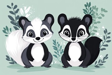 Wall Mural - Cute cartoon skunk and kit characters woodland animals, cartoon vector illustration for children 