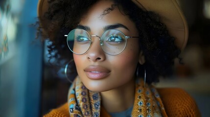 A woman with glasses and a hat is looking out the window