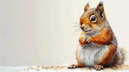 Wall Mural - A cute red squirrel with big eyes sits on a light background.