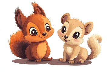 Wall Mural - Cute cartoon squirrel and pup characters woodland animals, cartoon vector illustration for children 