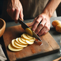 Man slices potatoes into thin, even rounds on a wooden cutting board, prepares them for cooking