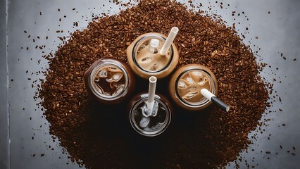 Wall Mural - Top view of ice coffee in glass jars with straws and coffee grains on grey background