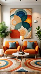 A modern living room features two plush, colorful chairs—one orange and one blue—complemented by matching cushions.