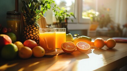 Wall Mural - A kitchen counter with freshly squeezed orange juice and whole fruits, symbolizing a vitamin-rich diet