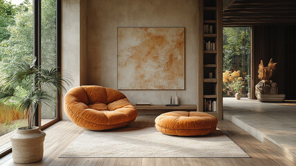 A living room with a large painting on the wall and two orange chairs