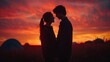 © ThuyTrang - The couple standing close, their silhouettes framed by a brilliant sunset, the sky filled with rich tones of orange and purple, with their campsite visible in the distance,