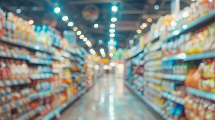 Blurred background. A vibrant grocery aisle filled with colorful, neatly stocked shelves inviting shoppers in