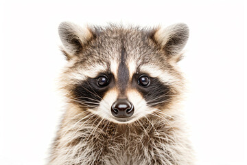 a raccoon looking at the camera with a white background