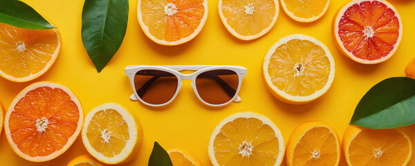 A pair of sunglasses rests on a bright yellow background surrounded by citrus fruit and green leaves.