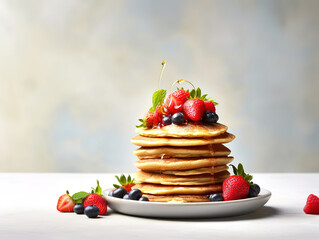 Wall Mural - Breakfast composition with fresh pancakes and berries on light gray concrete background