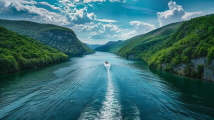 Poster - A river cruise in America, surrounded by green mountains and waterfalls