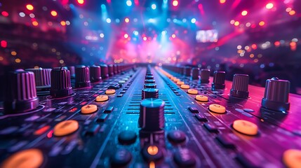 A close-up of a sound mixing console with colorful stage lights in the background.