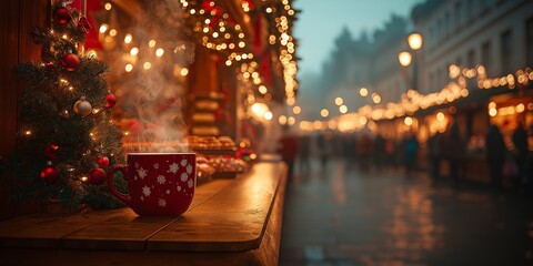 Coffee cup on counter with blurred Christmas market background. Winter holiday concept. Image for greeting card and social media banner  with copy space.