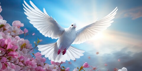 white dove with flower and peace symbol background scene. Sakura tree flowers and blue sky decoration backdrop