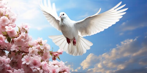 white dove with flower and peace symbol background scene. Sakura tree flowers and blue sky decoration backdrop