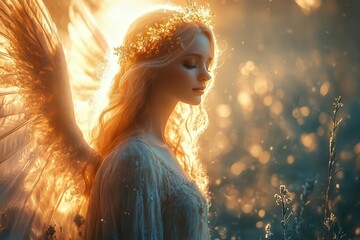 Canvas Print - ethereal angel figure with luminous wings heavenly light celestial atmosphere religious symbolism serene expression