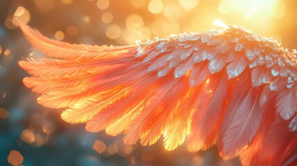 Wall Mural - ethereal angel wings gossamer feathers backlit by radiant sunset symbolizing hope and transcendence