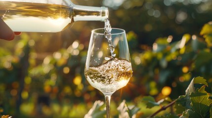 A bottle of white wine is poured into a wine glass