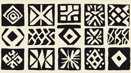 Wall Mural - A traditional African mudcloth design featuring geometric patterns in black and white. The patterns are simple yet bold, with clean lines and repetitive shapes that create a sense of rhythm. The