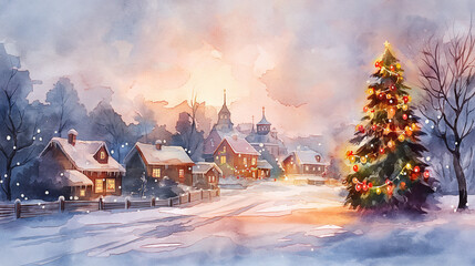 Wall Mural - watercolor painting, a snow covered village, decorated christmas tree, Christmas