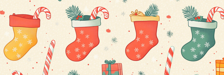 Wall Mural - vector illustration, socks and christmas ornaments, gifts and candy canes, pattern, Christmas 