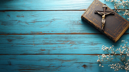 Bible and Crucifix on Blue Wooden Table Beautiful Arrangement