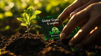 Hands Planting a Tree in Rich Soil with a Digital Overlay Displaying Global Green Economy Progress