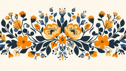 Wall Mural - A traditional Scandinavian folk art design featuring stylized floral motifs and geometric patterns in bright, cheerful colors. The design is simple yet bold, with clean lines and repetitive patterns