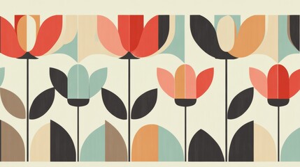 Wall Mural - A traditional Scandinavian folk art design featuring stylized floral motifs and geometric patterns in bright, cheerful colors. The design is simple yet bold, with clean lines and repetitive patterns