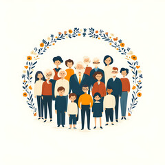 Wall Mural - Flat Grandparents and Grandchildren Circle with Unity Text concept as An abstract vector of a circle formed by icons representing grandparents and grandchildren with the word Unity in a sleek modern f