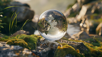 Wall Mural - A crystal-clear sphere reflecting a beautiful landscape with lush green moss-covered rocks and a serene stream under natural sunlight.