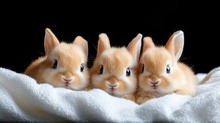 Three adorable fluffy rabbits resting together on a soft blanket, showcasing their cute expressions and gentle nature.