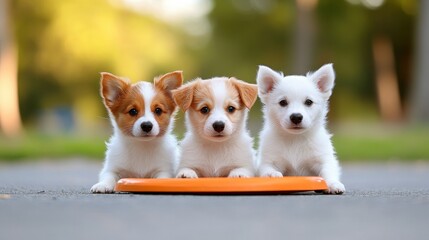 Three adorable puppies sit together with a bright frisbee, showcasing their playful spirit in a sunny outdoor setting.