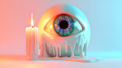 Wall Mural - 3D Holographic Eyeball and Candle with Chill Text concept as A sleek holographic eyeball and candle with the word Chill in a spooky dripping font. The design is isolated on a white balance background 