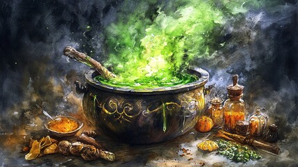 Mystical Witch Cauldron with Green Smoke - Enchanting Watercolor Illustration of Potion Brewing with Mysterious Ingredients for Halloween Art