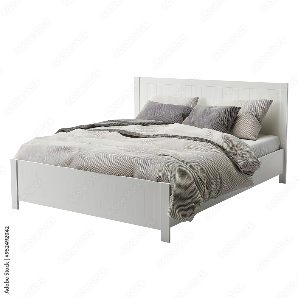 A minimalist white bed frame with grey bedding and pillows, displayed ...